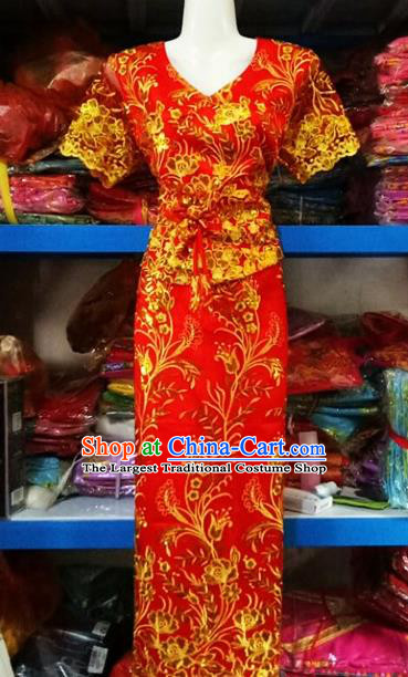 Red Chinese Dai Nationality Embroidered Outfit Costumes Traditional Dai Ethnic Folk Dance Blouse and Straight Skirt Full Set