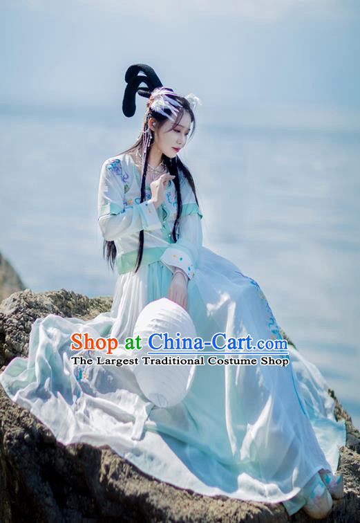 Chinese Tang Dynasty Embroidered Costumes Traditional Ancient Patrician Lady Hanfu Garment Top Blouse and Skirt Full Set