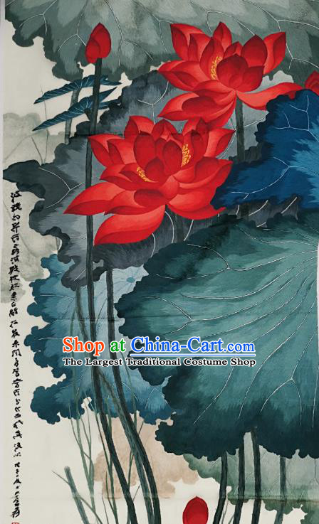 Chinese Traditional Embroidered Red Lotus Decorative Painting Handmade Embroidery Craft Embroidering Cloth Picture