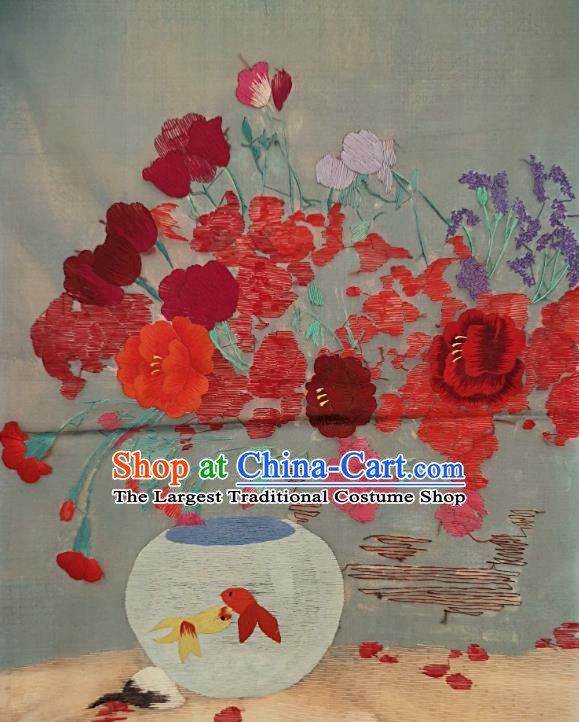 Chinese Traditional Embroidered Red Flowers Decorative Painting Handmade Embroidery Craft Embroidering Goldfish Cloth Picture