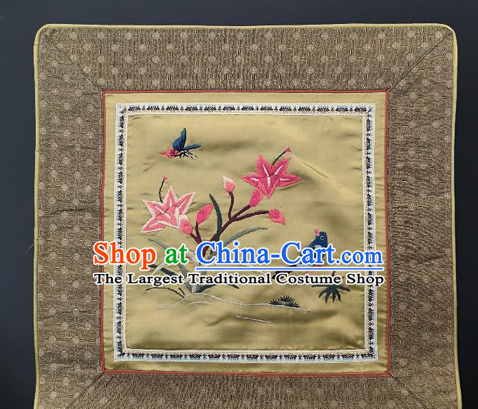 Traditional Chinese Embroidered Orchid Fabric Patches Handmade Embroidery Craft Accessories Embroidering Navy Bird Yellow Silk Cushion Applique