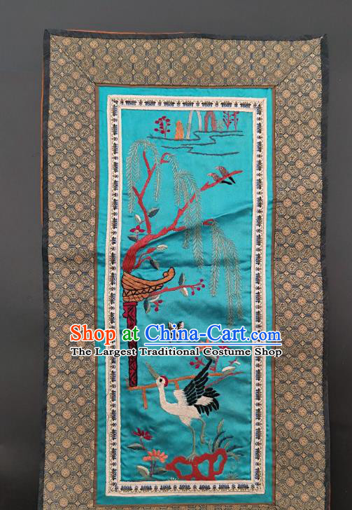 Chinese Traditional Embroidered Crane Picture Handmade Embroidery Craft Embroidering Blue Silk Decorative Painting