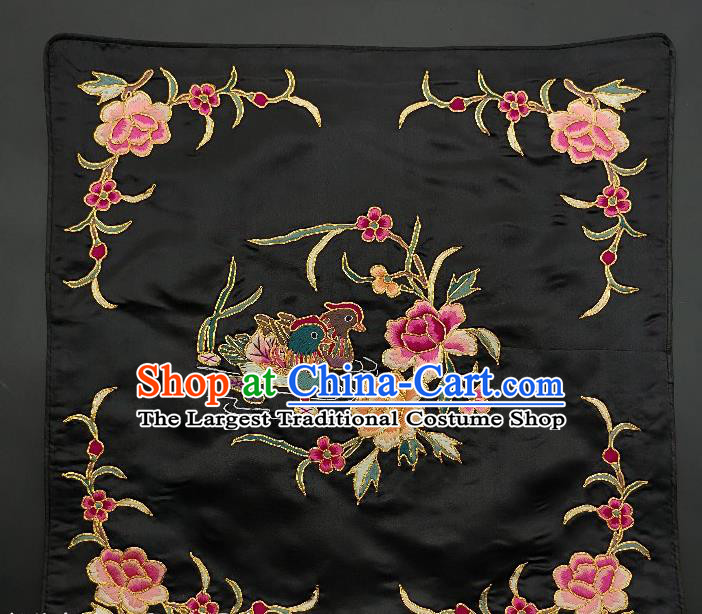 Chinese Traditional Embroidered Purple Peony Mandarin Duck Cushion Fabric Handmade Embroidery Craft Embroidering Black Silk Applique