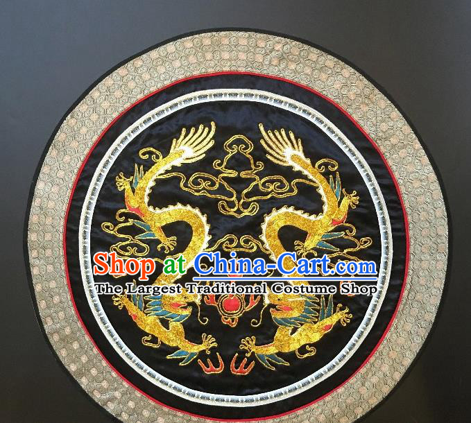 Traditional Chinese Embroidered Dragons Black Fabric Hand Embroidering Dress Round Applique Embroidery Cushion Patches Accessories