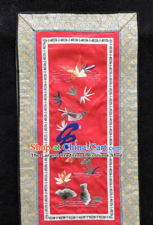 Chinese National Embroidered Lotus Bamboo Paintings Traditional Handmade Embroidery Decorative Red Silk Picture Craft