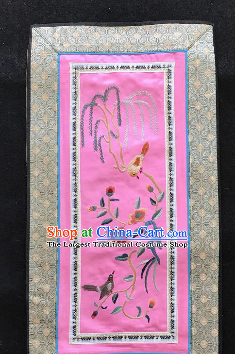 Chinese National Embroidered Willow Birds Paintings Traditional Handmade Embroidery Decorative Pink Silk Picture Craft