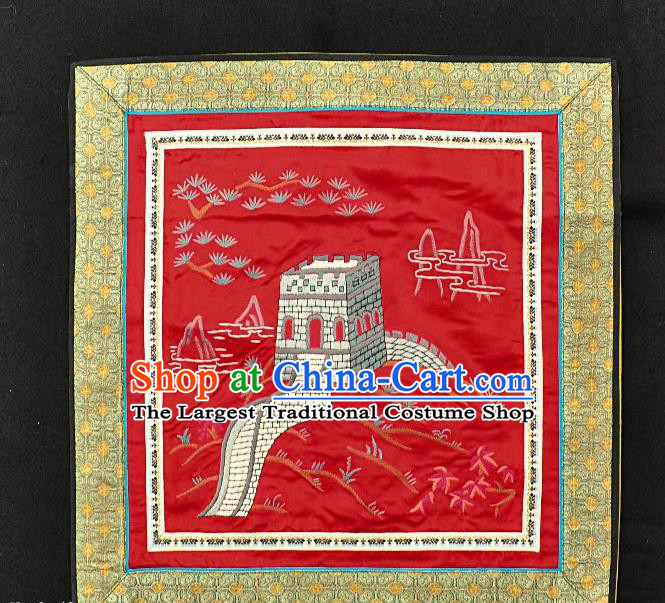 Traditional Chinese Embroidered Beige The Great Wall Silk Plate Mat Handmade Embroidering Dress Applique Embroidery Red Fabric Patches Accessories
