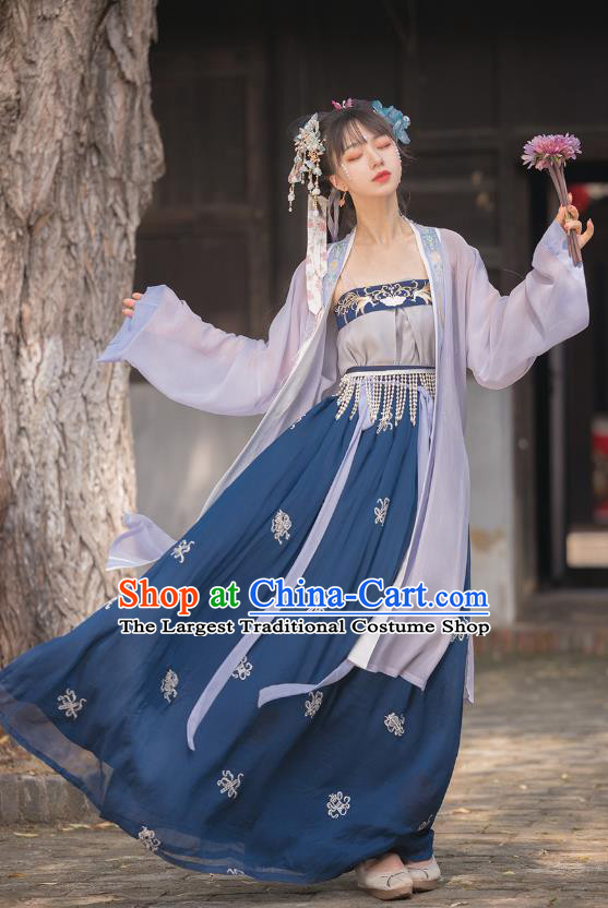 Chinese Song Dynasty Village Girl Costumes Traditional Ancient Country Female Hanfu Garment BeiZi Top and Skirt Full Set