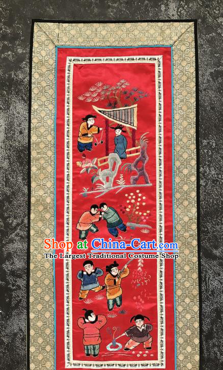 Chinese National Embroidered Eight Kids Paintings Traditional Handmade Embroidery Decorative Red Silk Picture Craft