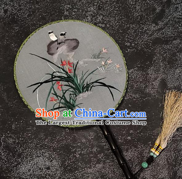 Chinese Traditional Silk Palace Fans Handmade Embroidered Orchid Round Fan Embroidery Craft