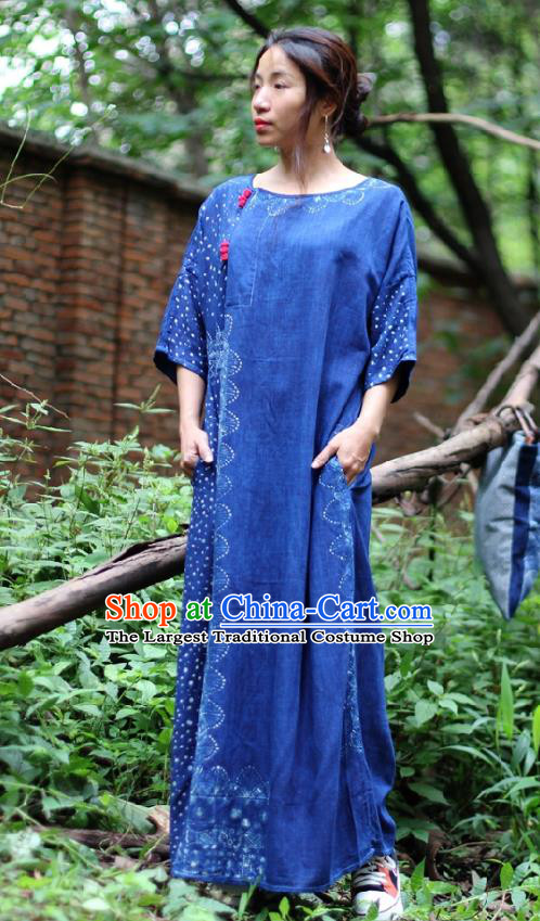 Traditional Chinese Hand Painting Qipao Dress National Costume Tang Suit Blue Flax Cheongsam for Women