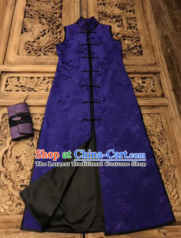 Traditional Chinese Purple Silk Long Vest National Costume Republic of China Stand Collar Dress for Women