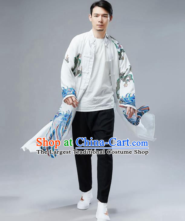 Chinese National Printing Dragon White Chiffon Coat Traditional Tang Suit Outer Garment Overcoat Costume for Men
