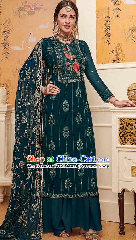 Asian India National Embroidered Punjab Costumes Asia Indian Traditional Teal Blue Faux Georgette Dress Sari and Loose Pants for Women
