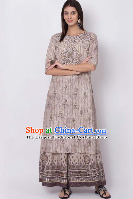 Asian India National Light Brown Long Shirt Costumes Asia Indian Traditional Printing Cotton Blouse for Women