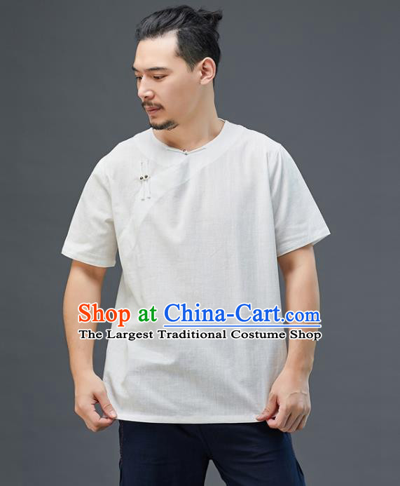 Chinese National White Linen Short Sleeve Shirt Traditional Tang Suit Upper Outer Garment Costume for Men