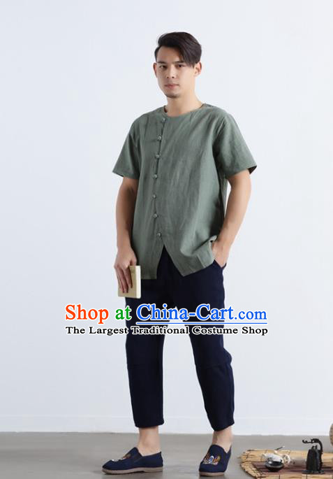 Chinese National Pea Green Flax Frog Buttons Shirt Traditional Tang Suit Short Sleeve Upper Outer Garment Costume for Men