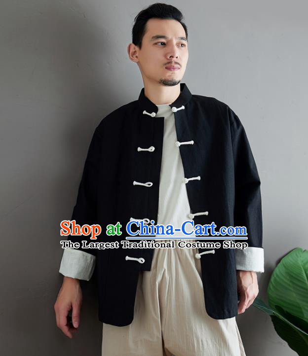 Chinese National Sun Yat Sen Black Flax Jacket Traditional Tang Suit Outer Garment Coat Costume for Men