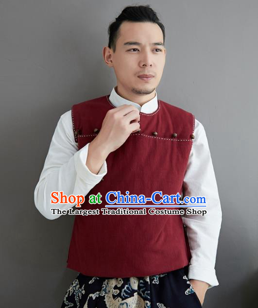 Chinese National Red Ramine Vest Traditional Tang Suit Upper Outer Garment Waistcoat Costume for Men