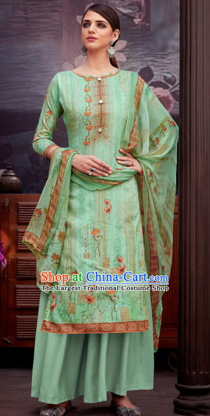 Asian India National Printing Punjab Costumes Asia Indian Traditional Dance Green Cotton Blouse and Loose Pants and Shawl Full Set