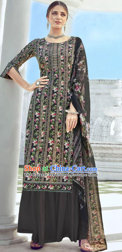Asian India National Punjab Costumes Asia Indian Traditional Dance Embroidered Black Muslin Blouse and Loose Pants and Shawl Full Set
