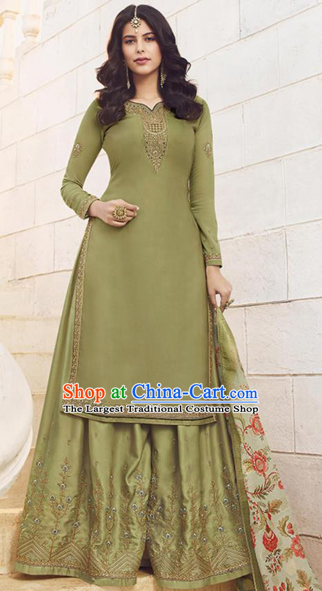 Asian India Court Punjab Costumes Asia Indian Traditional National Dance Embroidered Olive Green Satin Blouse and Skirt and Shawl Full Set