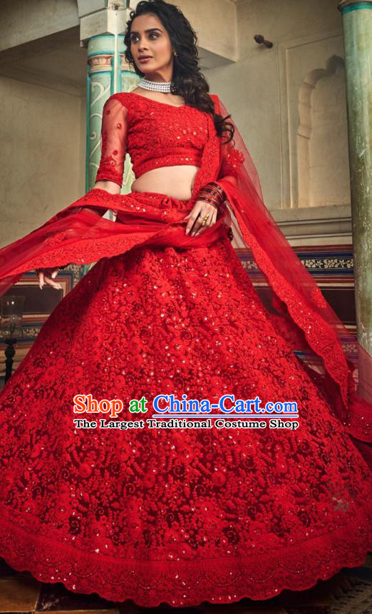 Top Asian India Wedding Lehenga Costumes Asia Indian Traditional Bride Embroidered Red Blouse and Skirt and Sari Full Set