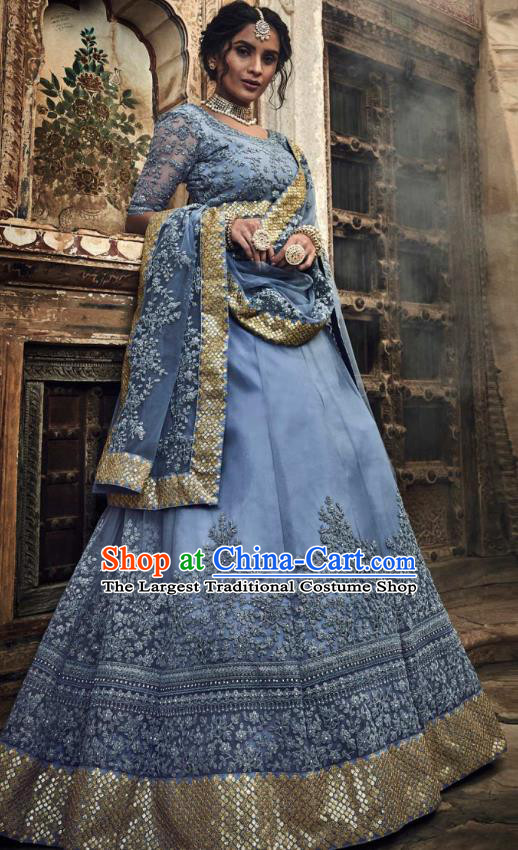 Top Asian India Wedding Lehenga Costumes Asia Indian Traditional Bride Embroidered Light Blue Blouse and Skirt and Sari Full Set