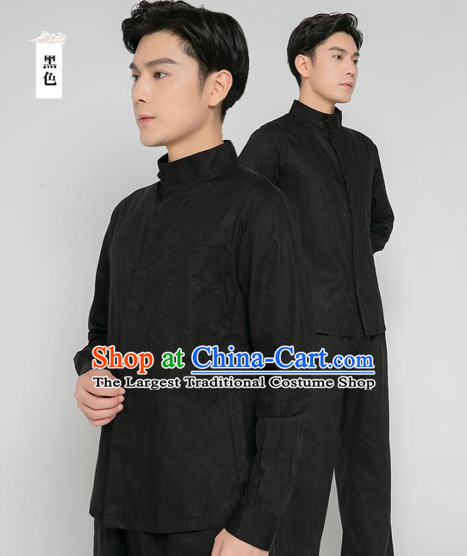 Asian Chinese Traditional Martial Arts Costumes China Kung Fu Outfits Black Flax Shirt and Black Pants for Men