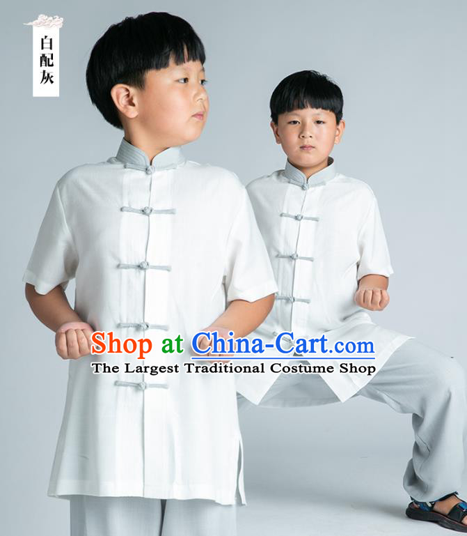 Asian Chinese Traditional Tai Chi White Linen Shirt and Grey Pants Martial Arts Costumes China Kung Fu Outfits for Kids