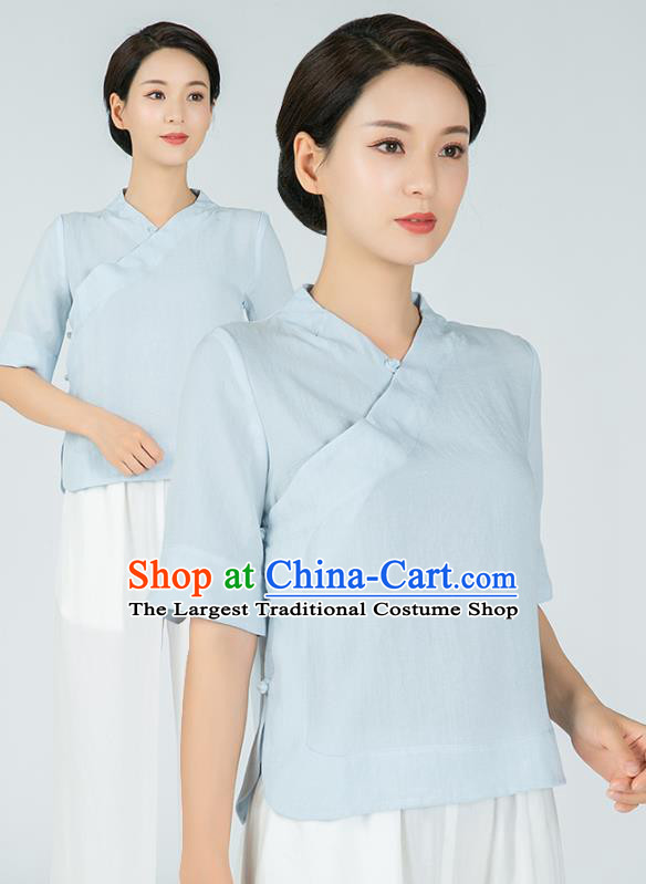 Professional Chinese Tai Chi Light Blue Flax Short Sleeve Blouse Martial Arts Shaolin Gongfu Costumes Kung Fu Training Garment Tang Suit Upper Outer for Women