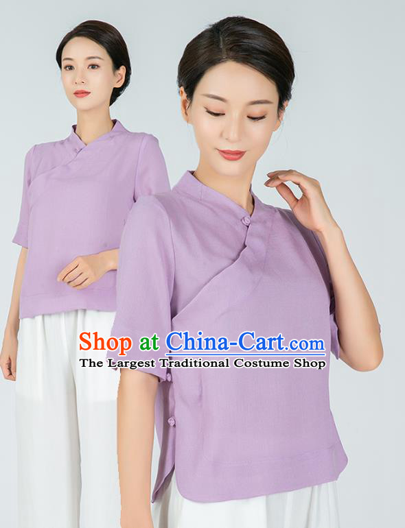 Professional Chinese Tai Chi Lilac Flax Short Sleeve Blouse Martial Arts Shaolin Gongfu Costumes Kung Fu Training Garment Tang Suit Upper Outer for Women