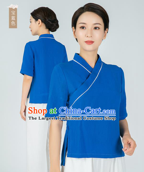 Professional Chinese Tai Chi Royalblue Flax Blouse and Pants Outfits Martial Arts Shaolin Gongfu Costumes Kung Fu Training Garment for Women