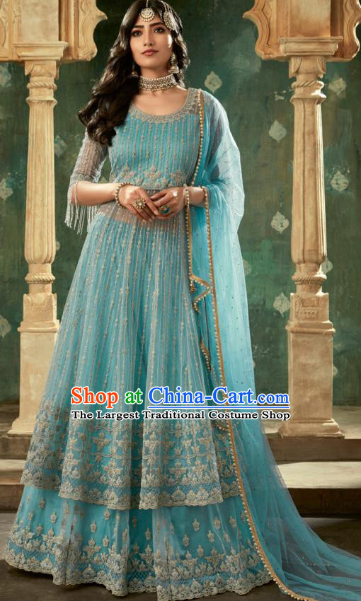 Top Asian India Blue Lehenga Costumes Asia Indian Traditional Bride Embroidered Blouse and Skirt and Sari Full Set