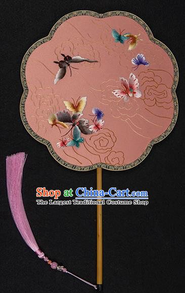 China Handmade Wedding Palace Fan Traditional Embroidered Butterfly Fan Classical Hanfu Pink Silk Fan