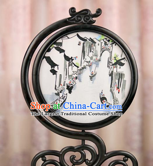 Handmade China Suzhou Embroidery Craft Table Ornament Suzhou Embroidered Waterside Sandalwood Desk Screen