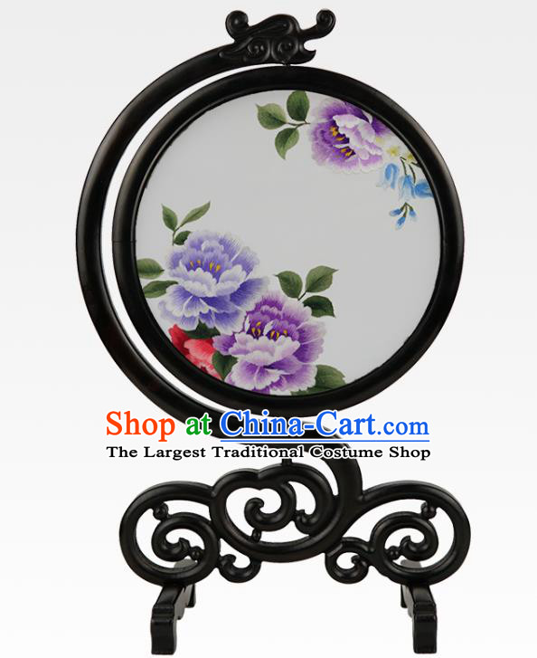 Handmade China Embroidered Peony Screen Suzhou Embroidery Craft Sandalwood Table Ornament