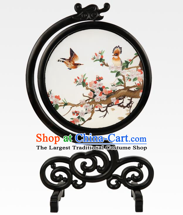 Handmade China Embroidered Plum Blossom Silk Screen Sandalwood Table Ornament Suzhou Embroidery Craft
