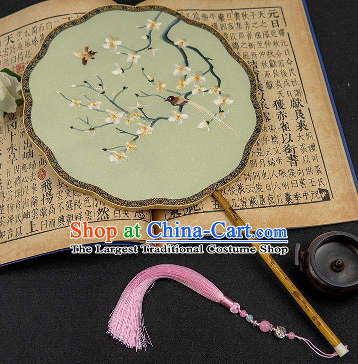 China Classical Hanfu Light Green Silk Fan Handmade Palace Fan Traditional Embroidered Plum Blossom Fan