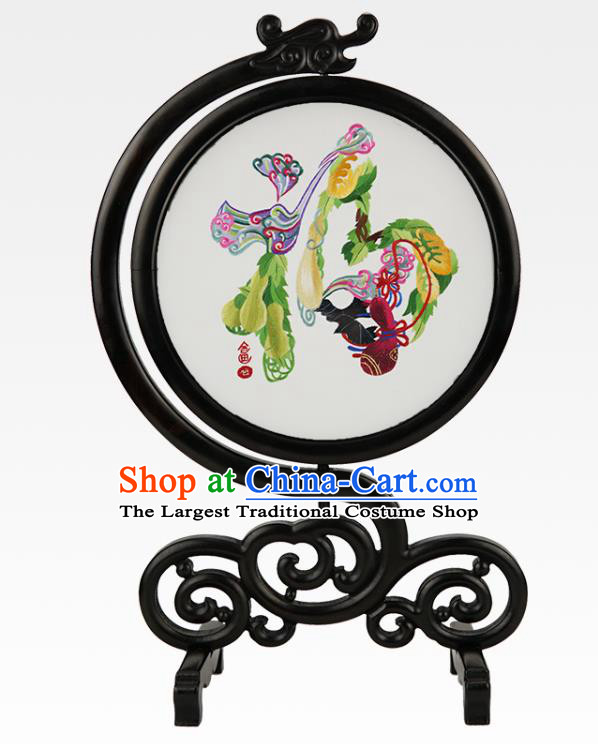 Handmade China Suzhou Embroidery Silk Craft Embroidered Desk Screen Sandalwood Table Ornament