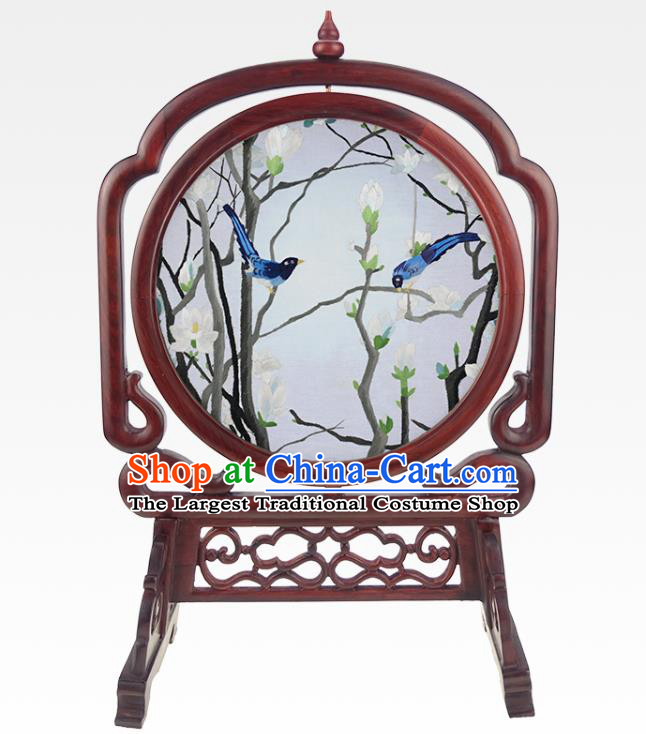 China Handmade Rosewood Table Ornament Suzhou Double Side Embroidery Silk Craft Embroidered Mangnolia Desk Screen
