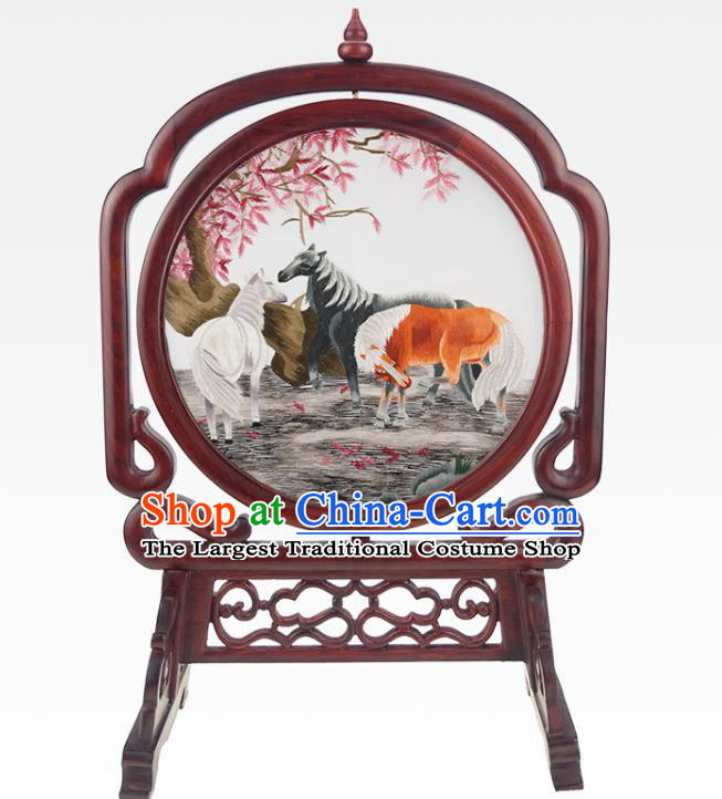 China Suzhou Embroidered Horse Craft Handmade Table Ornament Traditional Embroidery Rosewood Desk Screen