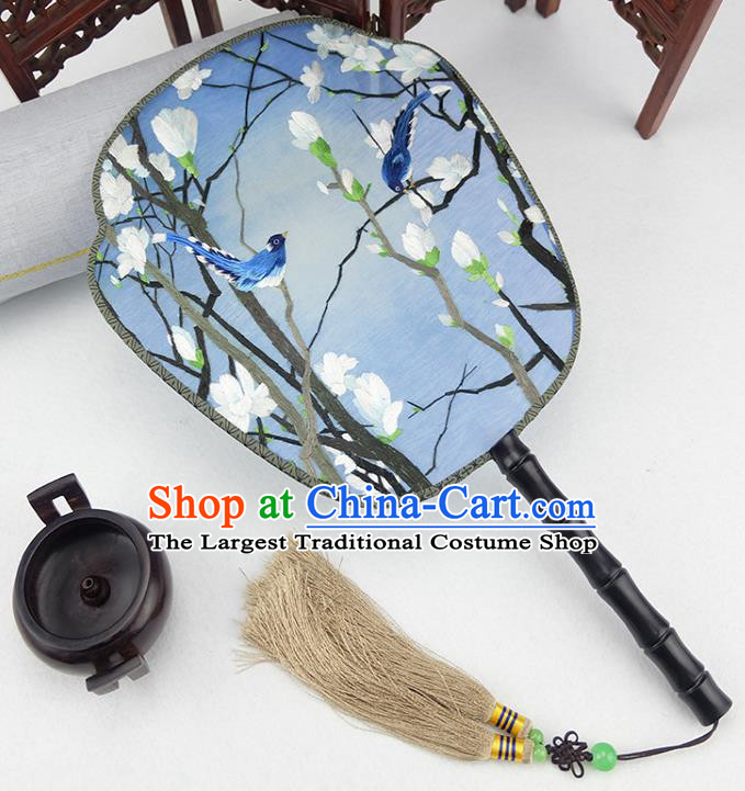 China Traditional Blue Silk Fan Handmade Rosewood Palace Fan Embroidered Mangnolia Fan
