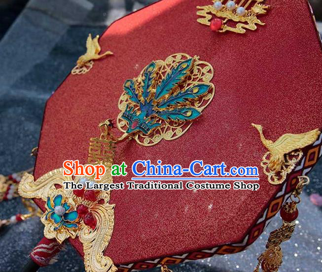 China Traditional Bride Red Octagon Fan Classical Dance Fan Handmade Wedding Palace Fan