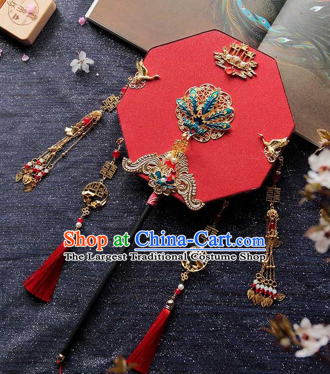 China Traditional Bride Red Octagon Fan Classical Dance Fan Handmade Wedding Palace Fan