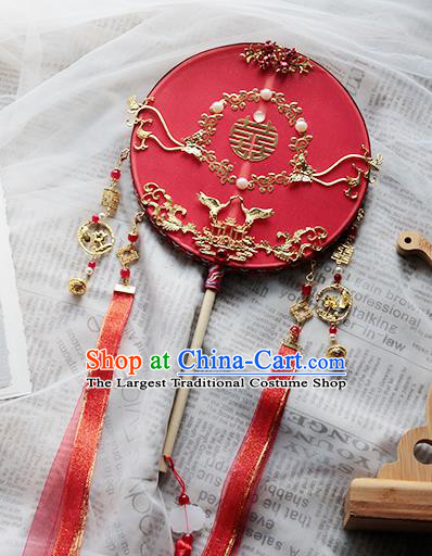 China Classical Dance Red Ribbon Circular Fan Handmade Wedding Palace Fan Traditional Bride Golden Cranes Silk Fan