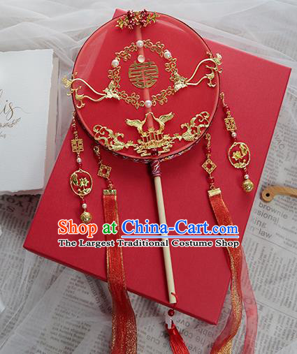 China Classical Dance Red Ribbon Circular Fan Handmade Wedding Palace Fan Traditional Bride Golden Cranes Silk Fan