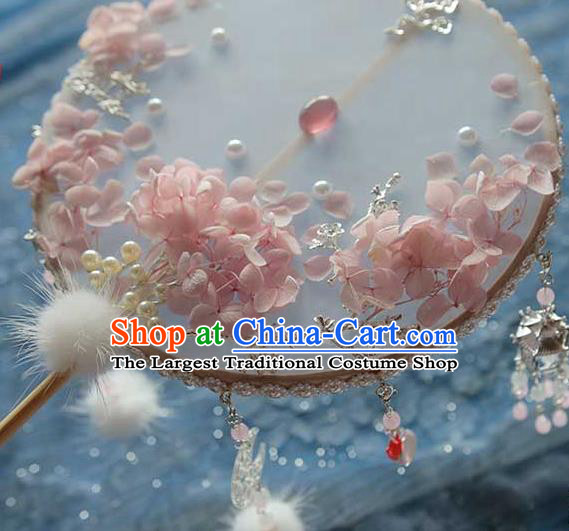 China Traditional Bride White Silk Fan Classical Dance Circular Fan Handmade Wedding Pink Hydrangea Palace Fan