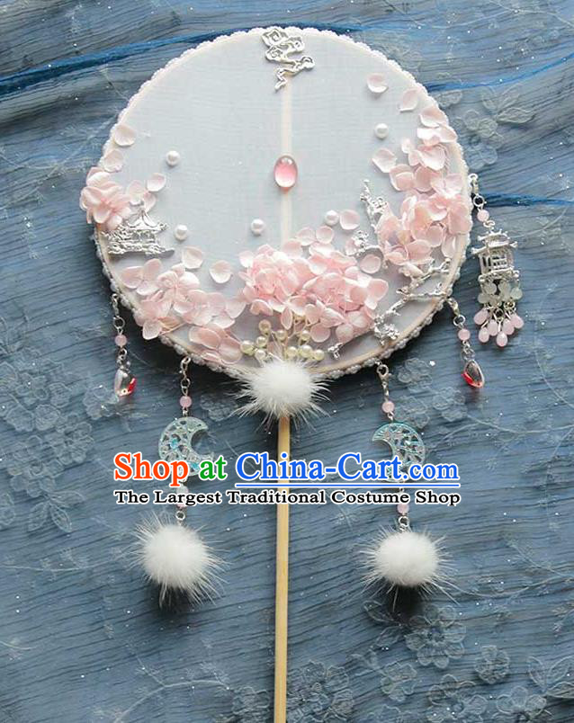 China Traditional Bride White Silk Fan Classical Dance Circular Fan Handmade Wedding Pink Hydrangea Palace Fan