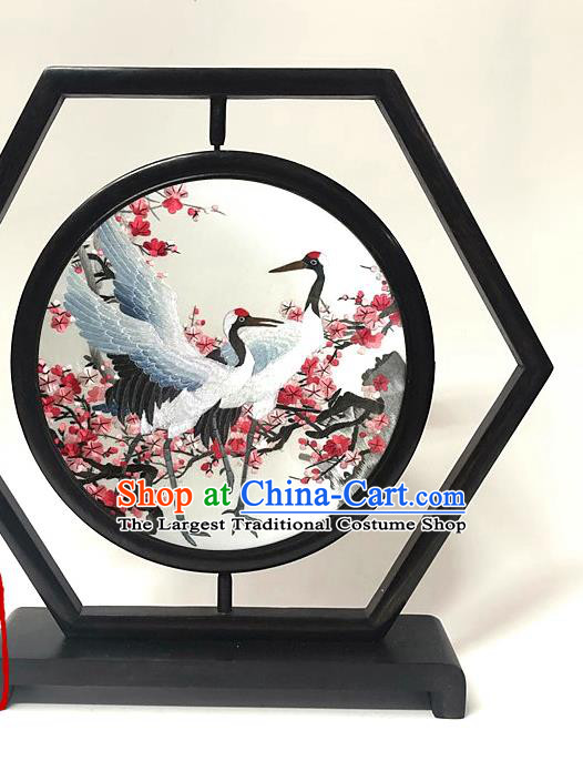 China Embroidered Plum Crane Hexagon Table Screen Handmade Wenge Ornament Traditional Embroidery Craft